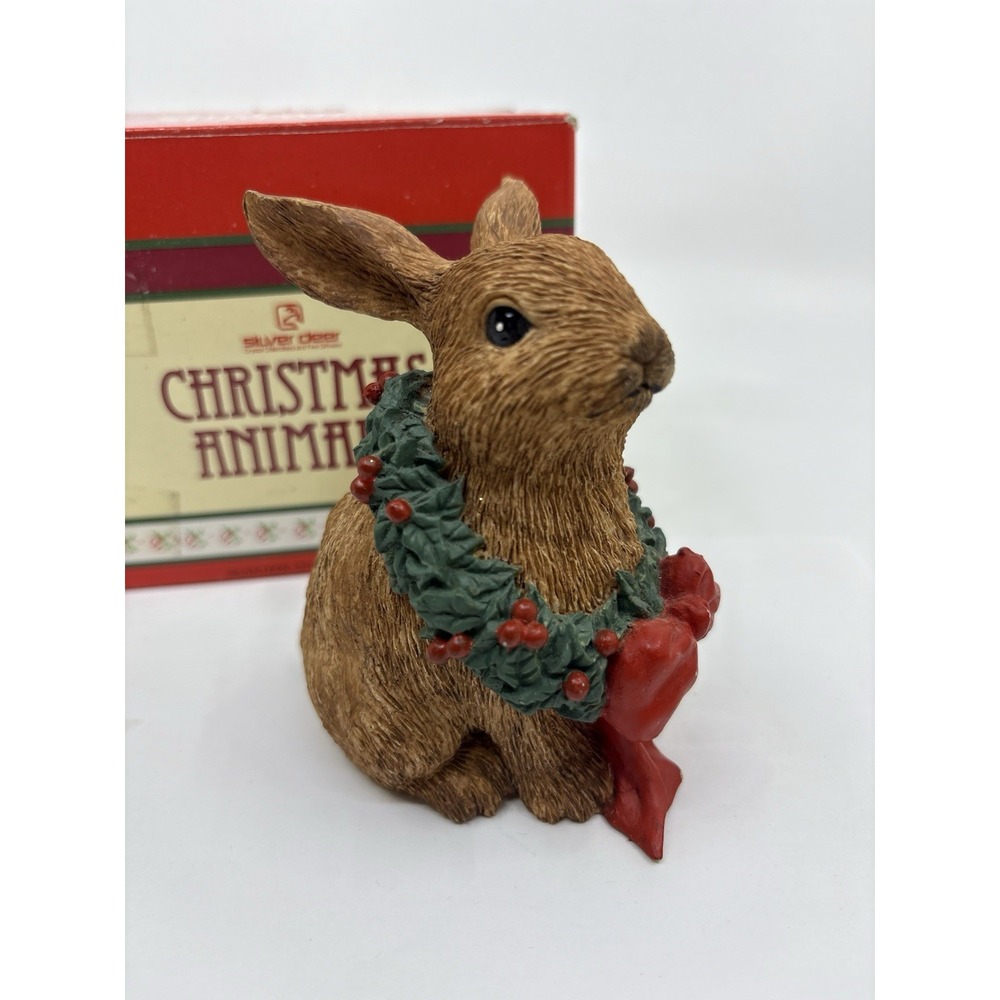 Silver Deer Rabbit Tom Rubel Bunny Christmas Vtg 90s Xmas Brown Wreath Red Bow